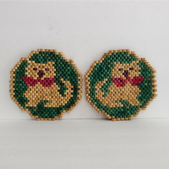 Vtg Pair of Boho Bamboo Wooden Beaded Cat Dog Trivets Kitchen Hot Plate Wall Art - Picture 1 of 9
